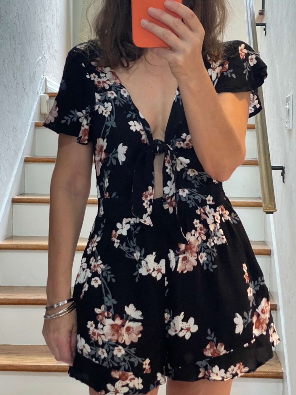 American Eagle ruffled plunge neckline floral black  romper women M